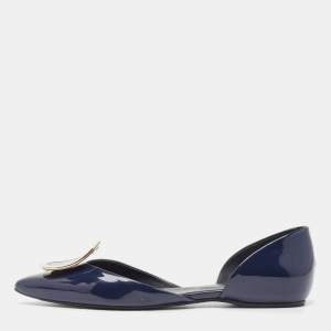 Roger Vivier Navy Blue Patent Leather Chip D'orsay Flats Size 35.5