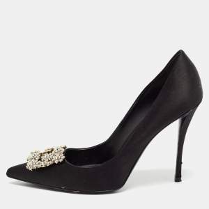 Roger Vivier Black Satin Flower Strass Buckle Pumps Size 40