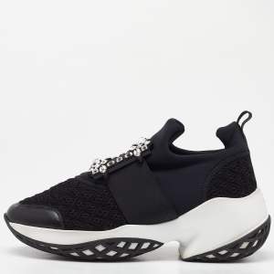 Roger Vivier Black Mesh Fabric and Leather Crystal Embellished Slip On Sneakers Size 38