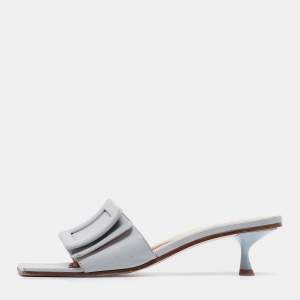 Roger Vivier Light Blue Leather Buckle Slide Sandals Size 37.5