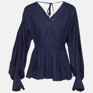 Roksanda Ilincic Navy Blue Cotton Pleated Colette Peplum Top L
