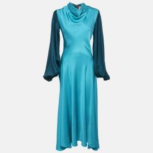 Roksanda Ilincic Jigsaw Blue Satin Cowl Neck Color-Block Asymmetric Long Dress S