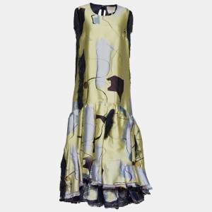 Roksanda Ilincic Yellow Patterned Cotton Fringe Pleated Hem Fringed Dress M