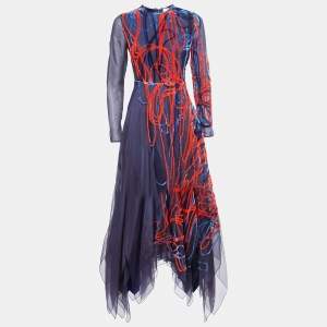Roksanda Blue Embroidered Silk Asymmetric Flared Full Sleeve Gown S