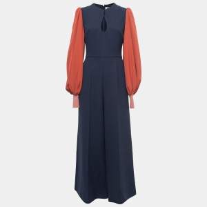 Roksanda Navy Blue Crepe Contrast Balloon Sleeve Wide Leg Jumpsuit M