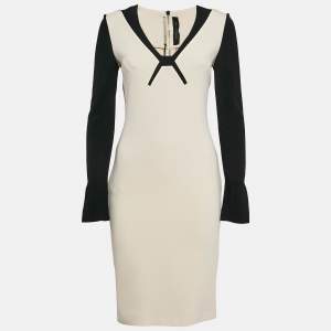 Roland Mouret Beige/Black Crepe Long Sleeve Sheath Dress M
