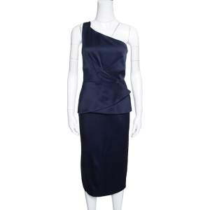 Pre Owned Roland Mouret Navy Blue Satin Half Peplum Anerley One Shoulder Dress L