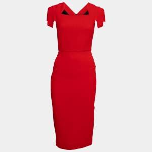 Pre Owned Roland Mouret Red Textured Wool Royston Cap Sleeve Dress M
