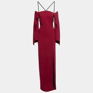 Roland Mouret Burgundy Crepe Ruffle Sleeve Slit Detail Cheveley Gown M