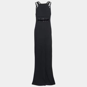 Roland Mouret Black Crepe Lace Inset Vasall Long Dress S