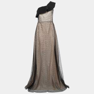 Roland Mouret Black Boucle Lace & Silk One Shoulder Kildare Gown L