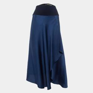 Roland Mouret Navy Blue Draped Silk Midi Skirt L