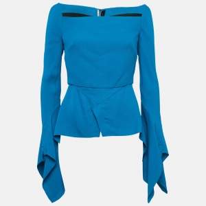 Roland Mouret Blue Textured Crepe Flared Blouse M