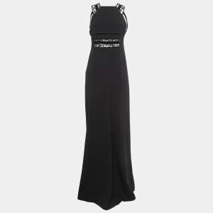 Roland Mouret Black Stretch Crepe Embroidered Lace Trim Gown M