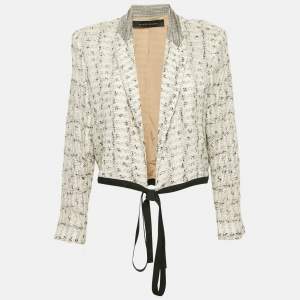 Roland Mouret Off White Patterned Cotton Knit Wrap Jacket XL