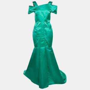 Pre Owned Roland Mouret Green Satin Asymmetric Gown M
