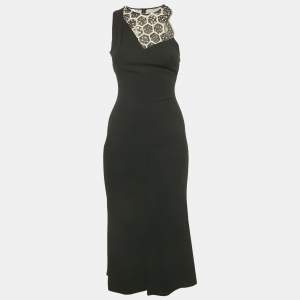 Roland Mouret Black Crepe Lace Detail Sleeveless Midi Dress S