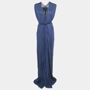 Pre Owned Roland Mouret Navy Blue Crepe Belted Maxi Dress XL