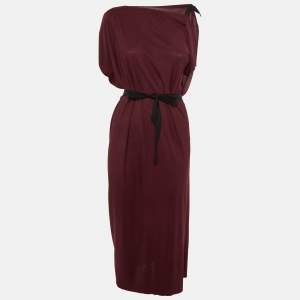 Pre Owned Roland Mouret Maroon Crepe Tie Detail Midi Dress L