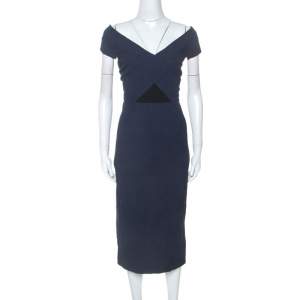 Pre Owned Roland Mouret Navy Blue Floral Waffle Cotton Grendon Dress M