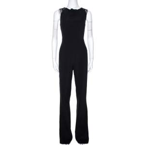 Roland Mouret Black Stretch Crepe & Lace Insert Sleeveless Jumpsuit L 