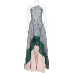 Roland Mouret Silver Crushed Organza Silk Panelled Strapless Lucia Gown M