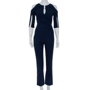 Roland Mouret Navy Blue Crepe Contrast Trim Cold Shoulder Jumpsuit S