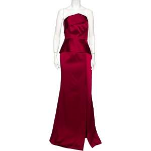 Roland Mouret Burgundy Sateen Draped Detail Addover Strapless Gown M