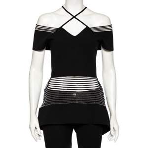 Roland Mouret Black Knit Mesh Inset Detailed Asymmetrical Peplum Top M