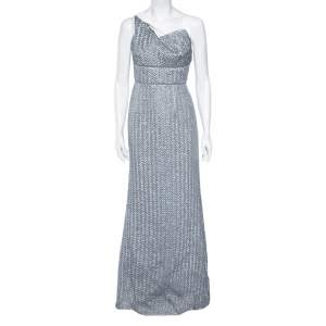 Roland Mouret Silver Silk Knit One- Shoulder Maxi Dress M