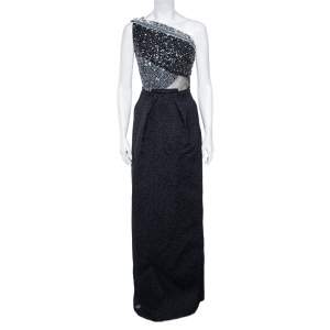 Roland Mouret Black Embellished Silk One-Shoulder Cocktail Gown M 