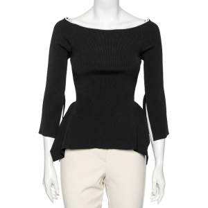 Roland Mouret Black Rib Knit Off Shoulder Long Sleeve Top M
