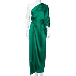 Roland Mouret Green Textured Silk Draped Side Slit Dresses S