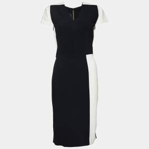 Pre Owned Roland Mouret Monochrome Stretch Crepe V Neck Sheath Dress M