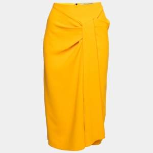 Pre Owned Roland Mouret Yellow Crepe Draped Aura Midi Pencil Skirt L