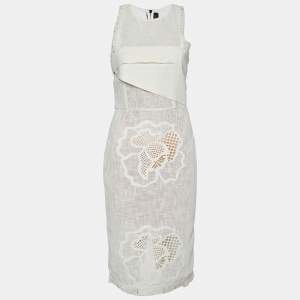 Roland Mouret White Cotton Cutwork Detail Sleeveless Midi Dress M