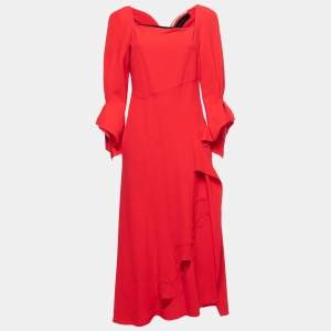 Roland Mouret Red Wool Frill Detail Long Dress M