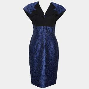 Roland Mouret Navy Blue Mirah Jacquard Cotton Silk Midi Dress S