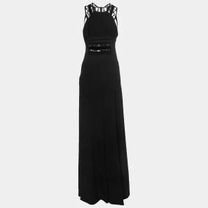 Roland Mouret Black Crepe Lace Inset Vasall Long Dress S