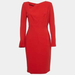 Roland Mouret Red Stretch Crepe Long Sleeve Bitzer Dress L