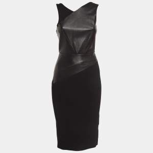 Roland Mouret Black Leather and Crepe Sleeveless Sheath Dress S