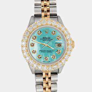 Rolex Custom Aquamarine Blue 1.96ct Diamonds 18K Yellow Gold Stainless Steel Datejust  Automatic Women's Wristwatch 26mm