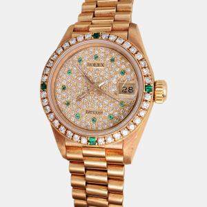 Rolex Custom Silver  Diamonds 18K Yellow Gold Emeralds President Datejust  69178 Automatic Women's Wristwatch 26mm
