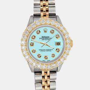 Rolex Custom Aqua Blue 1.96ct Diamonds 18K Yellow Gold Stainless Steel Datejust  Automatic Women's Wristwatch 26mm
