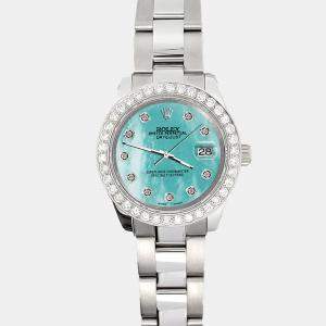 Rolex Custom Aquamarine Blue 1.6ct Diamonds Stainless Steel Datejust 178240 Automatic Women's Wristwatch 31mm