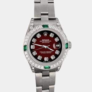 Rolex 1.2ct diamond bezel maroon vignette diamond dial stainless steel oyster datejust Wristwatch 26mm