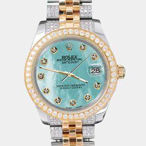 Rolex Custom Aquamarine 3.56ct Diamonds 18K Yellow Gold Stainless Steel Datejust 178273 Automatic Women's Wristwatch 31mm