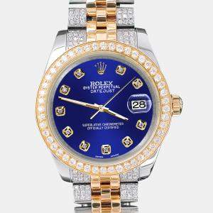 Rolex Custom Navy Blue 3.56ct Diamonds 18K Yellow Gold Stainless Steel Datejust 178273 Automatic Women's Wristwatch 31mm