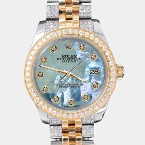 Rolex Custom Tahitian Blue 3.56ct Diamonds 18K Yellow Gold Stainless Steel Datejust 178273 Automatic Women's Wristwatch 31mm