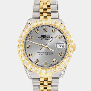 Rolex Custom Grey 4.4ct Diamonds 18K Yellow Gold Stainless Steel Datejust 178273 Automatic Women's Wristwatch 31mm